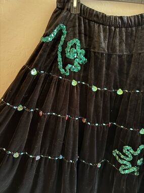 Lapis, medium, velvety black skirt with sequins